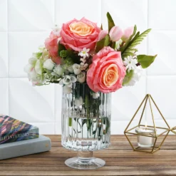 2 Pack Clear Ribbed Pedestal Heavy Duty Glass Vases, Tealight Votive Candle Holders 9"