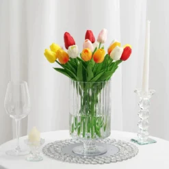 2 Pack Clear Ribbed Pedestal Heavy Duty Glass Vases, Tealight Votive Candle Holders 9" -Home Decor Promotional Store VASE A33 9 D17