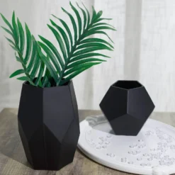 Set Of 2 | Modern Geometric Flower Vases, Pentagon Glass Candle Holders - 5" | 8" -Home Decor Promotional Store VASE A54 SET BLK D01