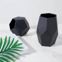 Set Of 2 | Modern Geometric Flower Vases, Pentagon Glass Candle Holders - 5" | 8" -Home Decor Promotional Store VASE A54 SET BLK D03