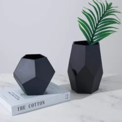 Set Of 2 | Modern Geometric Flower Vases, Pentagon Glass Candle Holders - 5" | 8" -Home Decor Promotional Store VASE A54 SET BLK D05