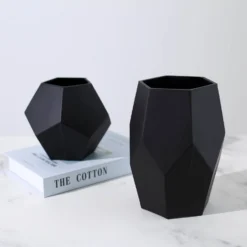 Set Of 2 | Modern Geometric Flower Vases, Pentagon Glass Candle Holders - 5" | 8" -Home Decor Promotional Store VASE A54 SET BLK 01