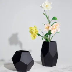 Set Of 2 | Modern Geometric Flower Vases, Pentagon Glass Candle Holders - 5" | 8" -Home Decor Promotional Store VASE A54 SET BLK 02