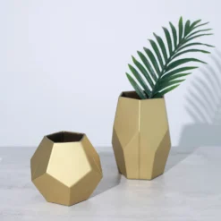 Set Of 2 | Modern Geometric Flower Vases, Pentagon Glass Candle Holders - 5" | 8" -Home Decor Promotional Store VASE A54 SET GOLD 01