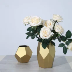Set Of 2 | Modern Geometric Flower Vases, Pentagon Glass Candle Holders - 5" | 8" -Home Decor Promotional Store VASE A54 SET GOLD 02