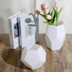 Set Of 2 | Modern Geometric Flower Vases, Pentagon Glass Candle Holders - 5" | 8"
