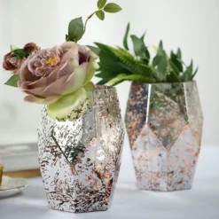 2 Pack | 8" Silver / Rose Gold Pentagon Geometric Vases, Mercury Glass Candle Holders -Home Decor Promotional Store VASE A55 8 054 01