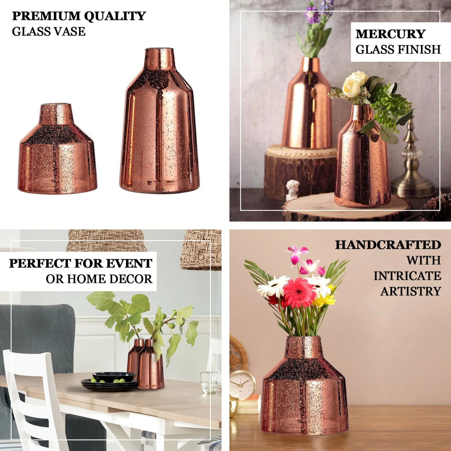 2 Pack | Rose Gold Vessel Shaped Mercury Glass Vase Flower Centerpieces 2 2 Pack | Rose Gold Vessel Shaped Mercury Glass Vase Flower Centerpieces - Image 2