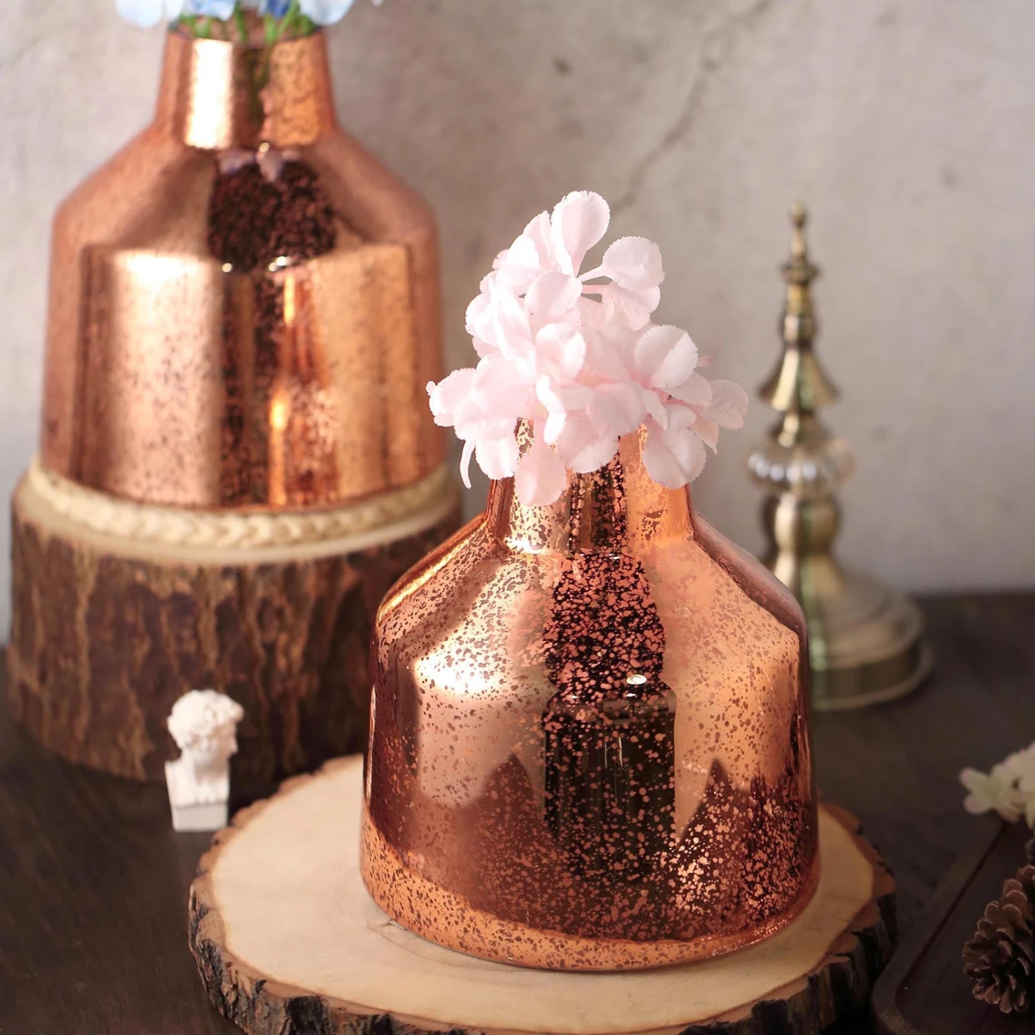 2 Pack | Rose Gold Vessel Shaped Mercury Glass Vase Flower Centerpieces 5 2 Pack | Rose Gold Vessel Shaped Mercury Glass Vase Flower Centerpieces - Image 5