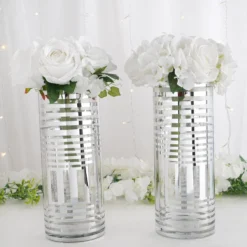 2 Pack | Striped Cylinder Glass Vase Flower Centerpieces -Home Decor Promotional Store VASE A61 12 SILV D16