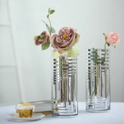 2 Pack | Striped Cylinder Glass Vase Flower Centerpieces -Home Decor Promotional Store VASE A61 12 SILV 01