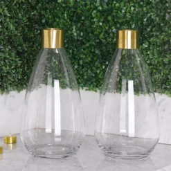 Pack Of 2 - Clear Glass Flower Vase With Gold Metal Top, Decorative Glass Jars -Home Decor Promotional Store VASE A62 14 D04