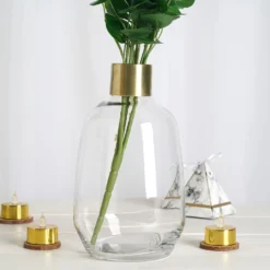 Pack Of 2 - Clear Glass Flower Vase With Gold Metal Top, Decorative Glass Jars -Home Decor Promotional Store VASE A62 9 D01