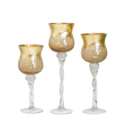 Set Of 3 | Hurricane Long Stem Gold Foil Crackle Glass Vases Candle Holder Set - 16"/14"/12" -Home Decor Promotional Store VASE A63 GOLD 99