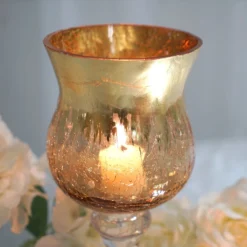 Set Of 3 | Hurricane Long Stem Gold Foil Crackle Glass Vases Candle Holder Set - 16"/14"/12" -Home Decor Promotional Store VASE A63 GOLD D04