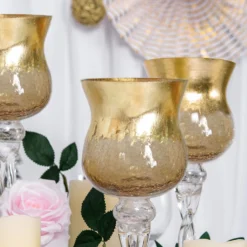 Set Of 3 | Hurricane Long Stem Gold Foil Crackle Glass Vases Candle Holder Set - 16"/14"/12" -Home Decor Promotional Store VASE A63 GOLD D06