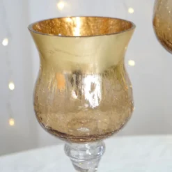 Set Of 3 | Hurricane Long Stem Gold Foil Crackle Glass Vases Candle Holder Set - 16"/14"/12" -Home Decor Promotional Store VASE A63 GOLD D08