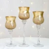 Set Of 3 | Hurricane Long Stem Gold Foil Crackle Glass Vases Candle Holder Set - 16"/14"/12"