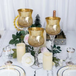 Set Of 3 | Hurricane Long Stem Gold Foil Crackle Glass Vases Candle Holder Set - 16"/14"/12" -Home Decor Promotional Store VASE A63 GOLD 01