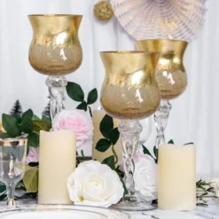 Set Of 3 | Hurricane Long Stem Gold Foil Crackle Glass Vases Candle Holder Set - 16"/14"/12" -Home Decor Promotional Store VASE A63 GOLD 02