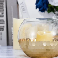 2 Pack Gold Honeycomb Glass Bubble Vase, Candle Holders Table Centerpiece 4.5" -Home Decor Promotional Store VASE A69 GOLD D15