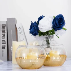 2 Pack Gold Honeycomb Glass Bubble Vase, Candle Holders Table Centerpiece 4.5"