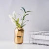 2 Pack Metallic Gold Modern Geometric Cylinder Ceramic Vases 6"