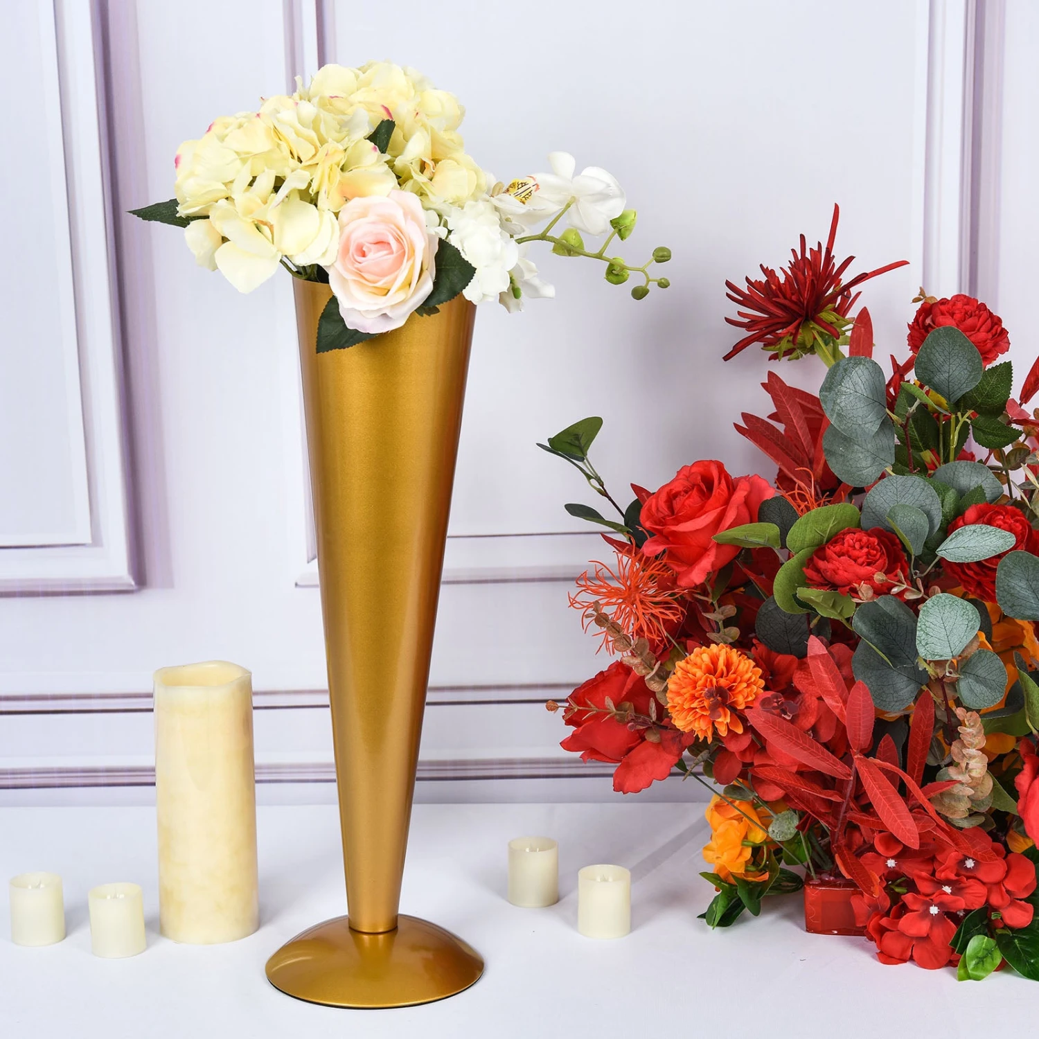 Tall Brushed Gold Metal Trumpet Flower Vase Table Centerpiece 11 Tall Brushed Gold Metal Trumpet Flower Vase Table Centerpiece - Image 11