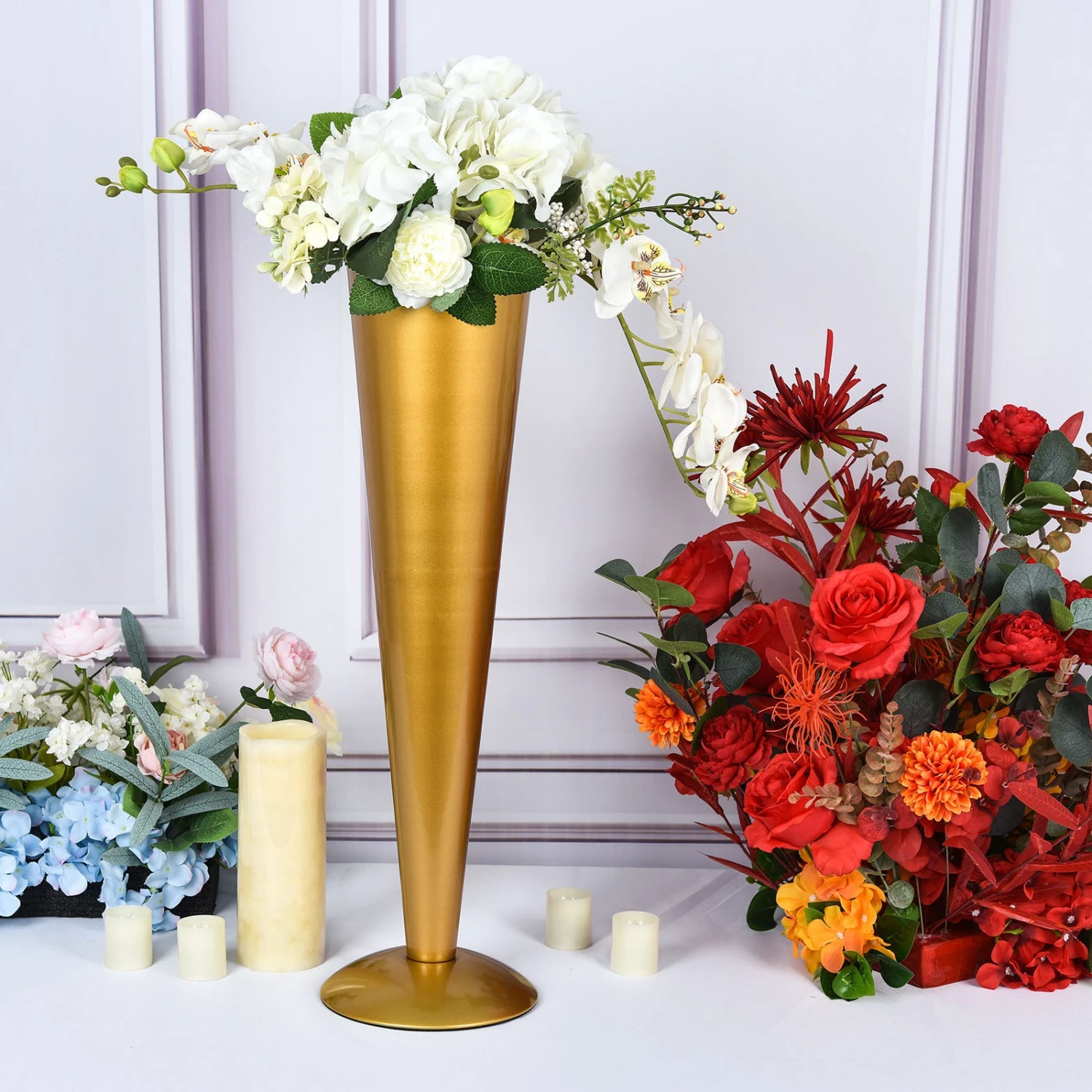 Tall Brushed Gold Metal Trumpet Flower Vase Table Centerpiece 15 Tall Brushed Gold Metal Trumpet Flower Vase Table Centerpiece - Image 15