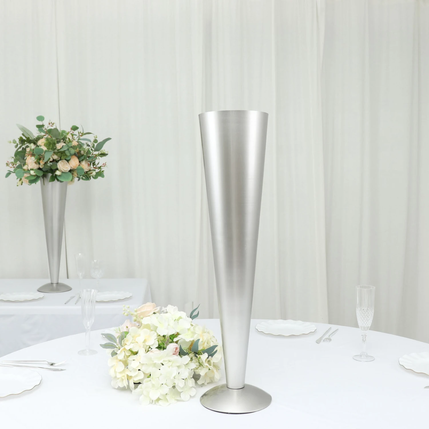 Tall Brushed Silver Metal Trumpet Flower Vase Centerpiece 7 Tall Brushed Silver Metal Trumpet Flower Vase Centerpiece - Image 7