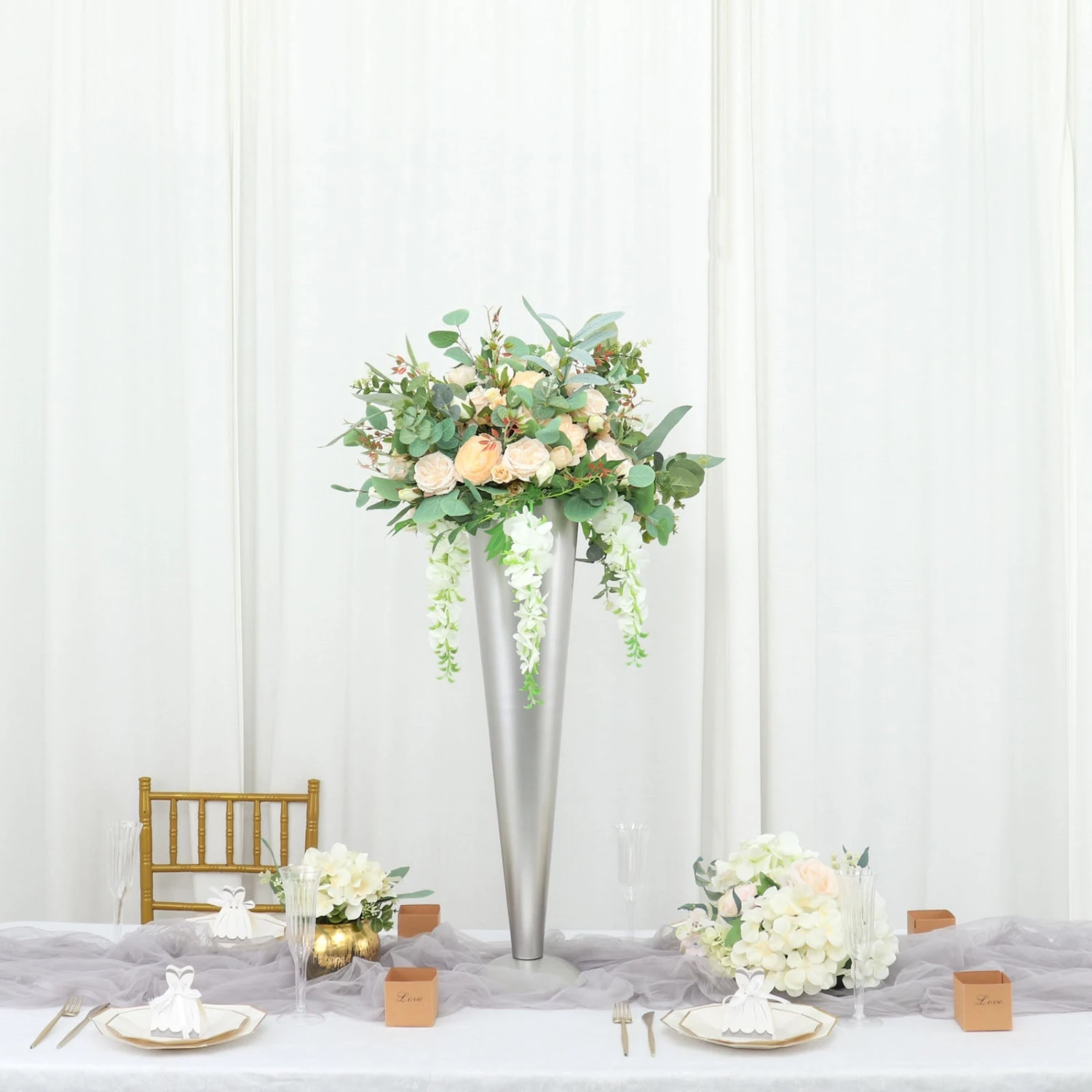 Tall Brushed Silver Metal Trumpet Flower Vase Centerpiece 9 Tall Brushed Silver Metal Trumpet Flower Vase Centerpiece - Image 9