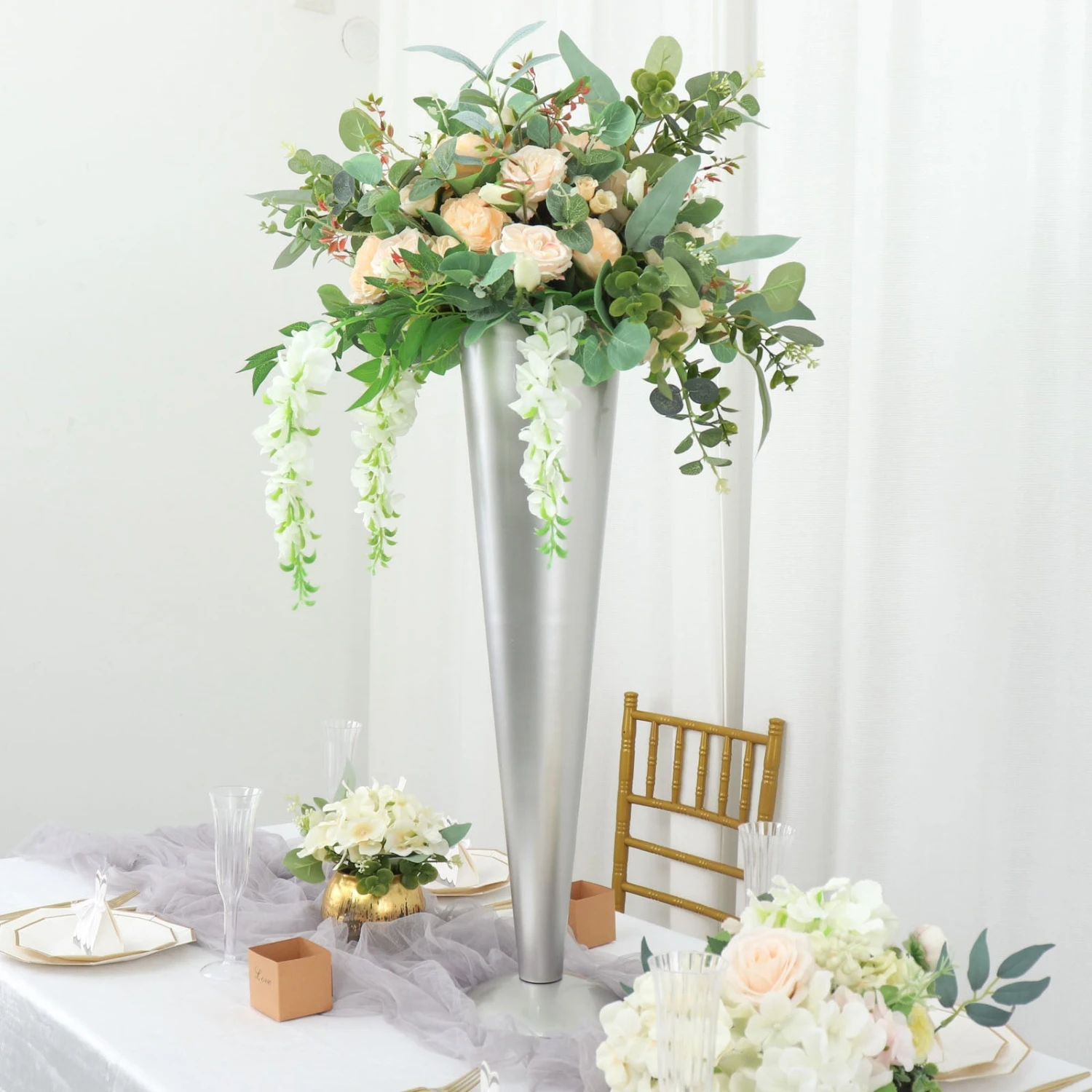 Tall Brushed Silver Metal Trumpet Flower Vase Centerpiece 3 Tall Brushed Silver Metal Trumpet Flower Vase Centerpiece - Image 3