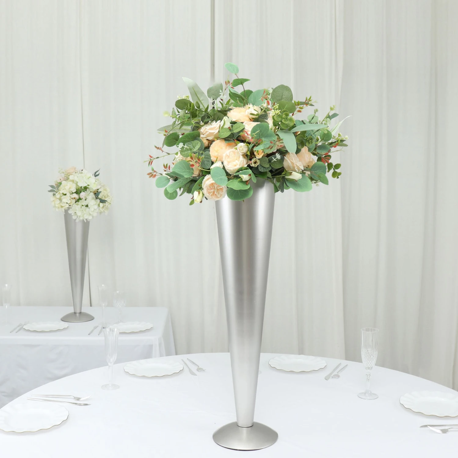 Tall Brushed Silver Metal Trumpet Flower Vase Centerpiece 6 Tall Brushed Silver Metal Trumpet Flower Vase Centerpiece - Image 6