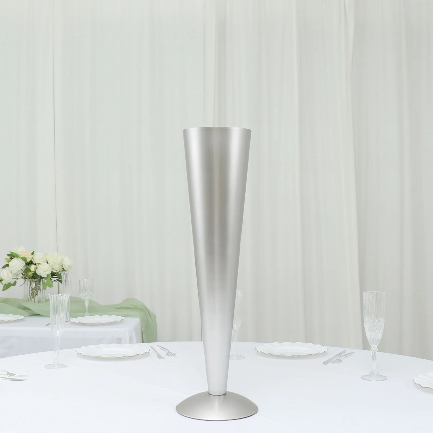 Tall Brushed Silver Metal Trumpet Flower Vase Centerpiece 13 Tall Brushed Silver Metal Trumpet Flower Vase Centerpiece - Image 13