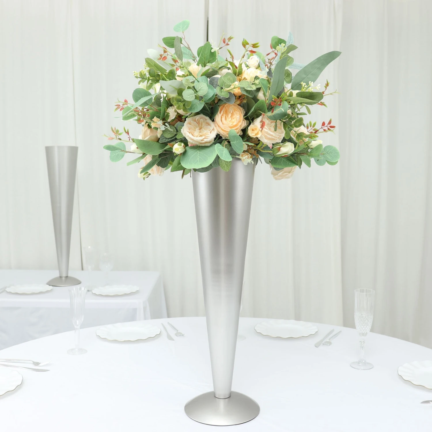 Tall Brushed Silver Metal Trumpet Flower Vase Centerpiece 12 Tall Brushed Silver Metal Trumpet Flower Vase Centerpiece - Image 12