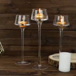 Set Of 3 | Long-Stem Clear Glass Pedestal Table Vase Centerpieces, Tall Tealight Disc Candle Holders - 8", 9", 10" -Home Decor Promotional Store VASE A73 SET CLR 01