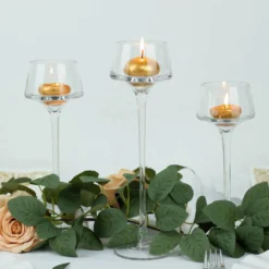 Set Of 3 | Long-Stem Clear Glass Pedestal Table Vase Centerpieces, Tall Tealight Disc Candle Holders - 8", 9", 10"