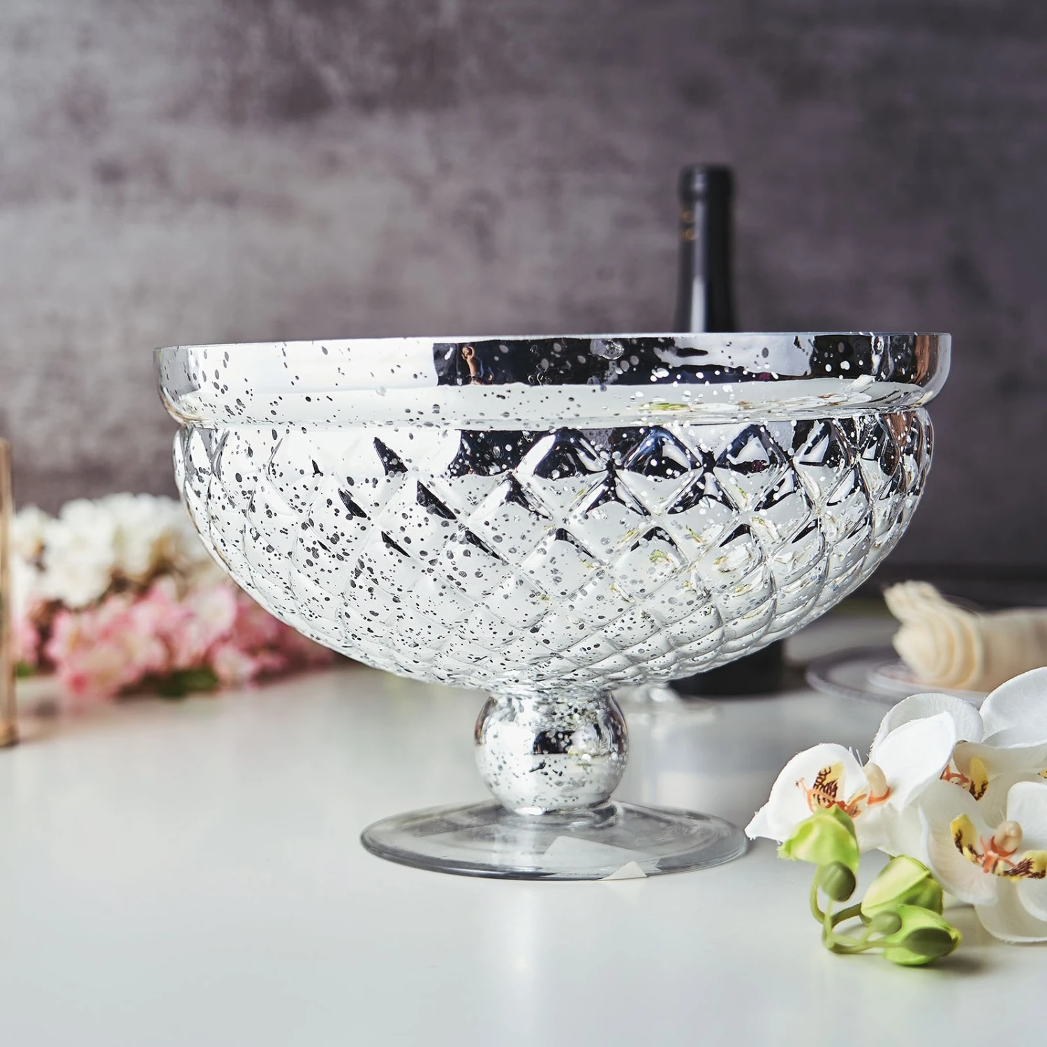 Silver Mercury Glass Compote Vase, Pedestal Bowl Centerpiece 15 Silver Mercury Glass Compote Vase, Pedestal Bowl Centerpiece - Image 15