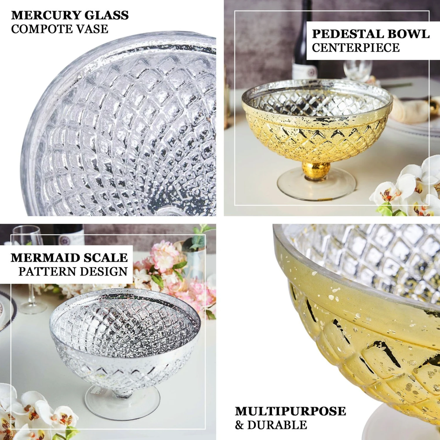 Silver Mercury Glass Compote Vase, Pedestal Bowl Centerpiece 2 Silver Mercury Glass Compote Vase, Pedestal Bowl Centerpiece - Image 2