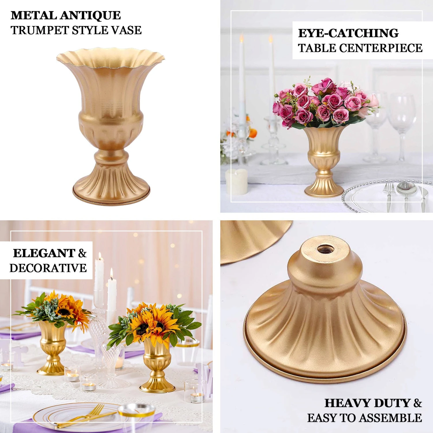 2 Pack Gold Metal Trumpet Style Flower Table Pedestal Vase, Antique Mini Compote Vase 6" 2 2 Pack Gold Metal Trumpet Style Flower Table Pedestal Vase, Antique Mini Compote Vase 6" - Image 2