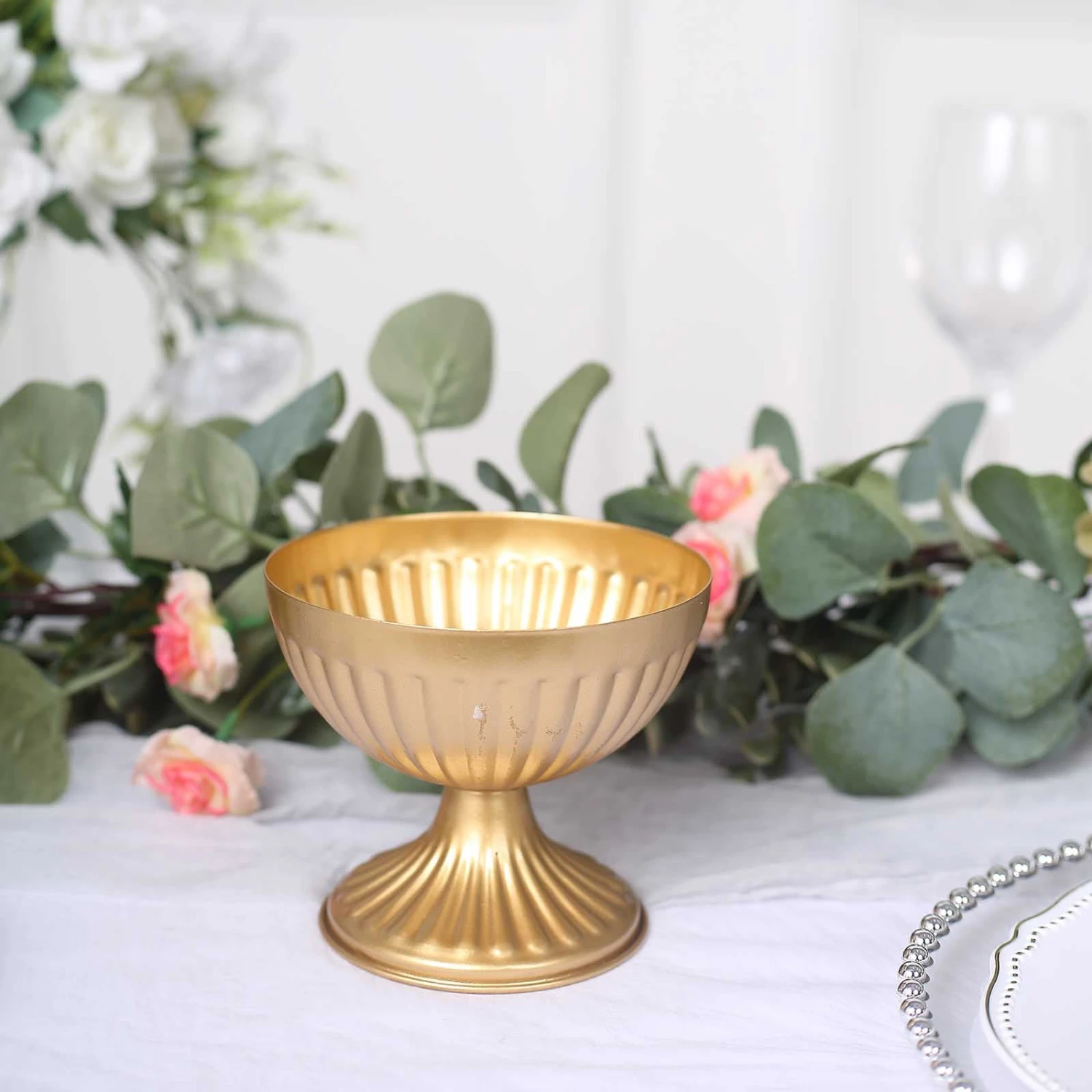 2 Pack Gold Metal Ribbed Bowl Style Flower Table Pedestal Vase, Antique Mini Compote Vase 4" 4 2 Pack Gold Metal Ribbed Bowl Style Flower Table Pedestal Vase, Antique Mini Compote Vase 4" - Image 4
