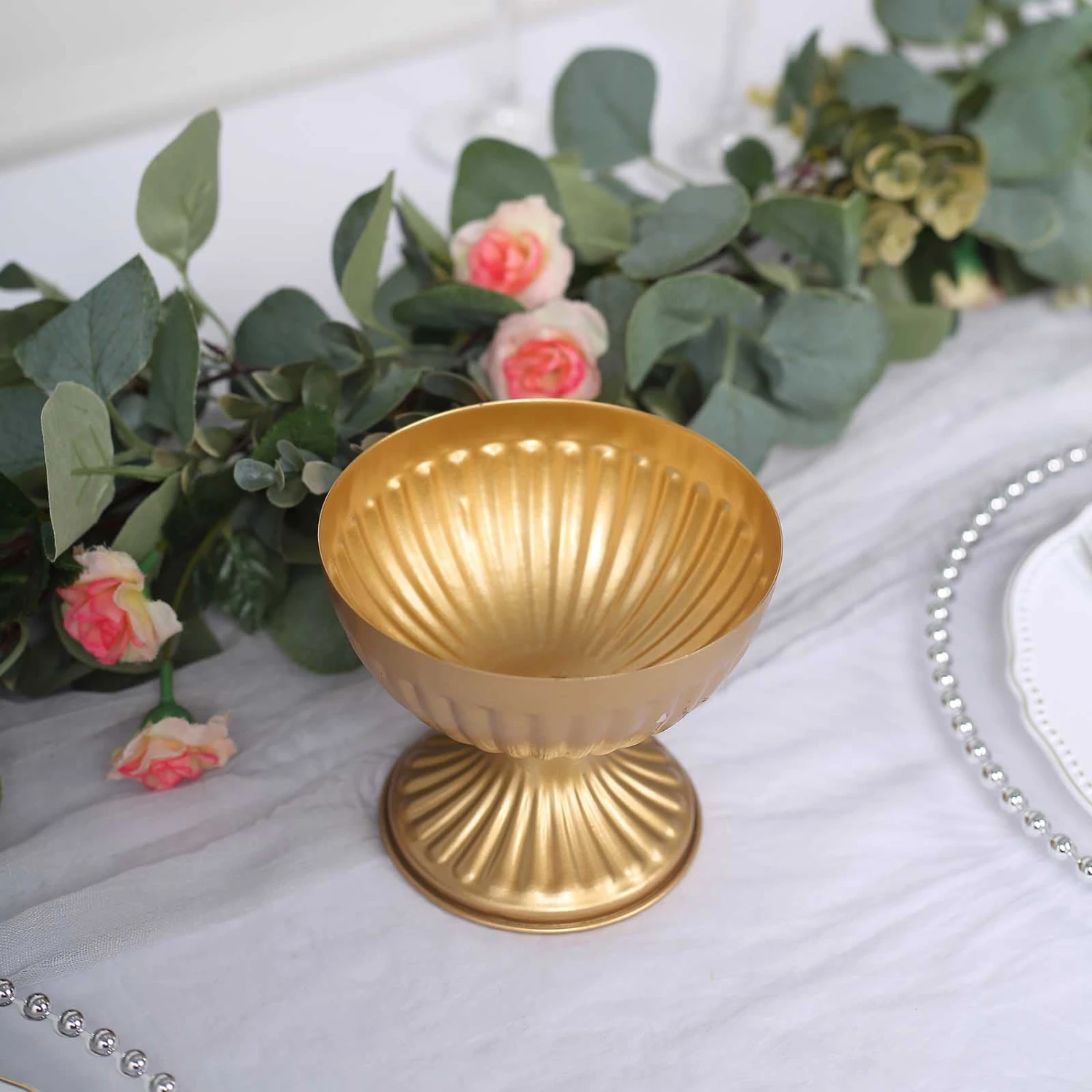 2 Pack Gold Metal Ribbed Bowl Style Flower Table Pedestal Vase, Antique Mini Compote Vase 4" 6 2 Pack Gold Metal Ribbed Bowl Style Flower Table Pedestal Vase, Antique Mini Compote Vase 4" - Image 6