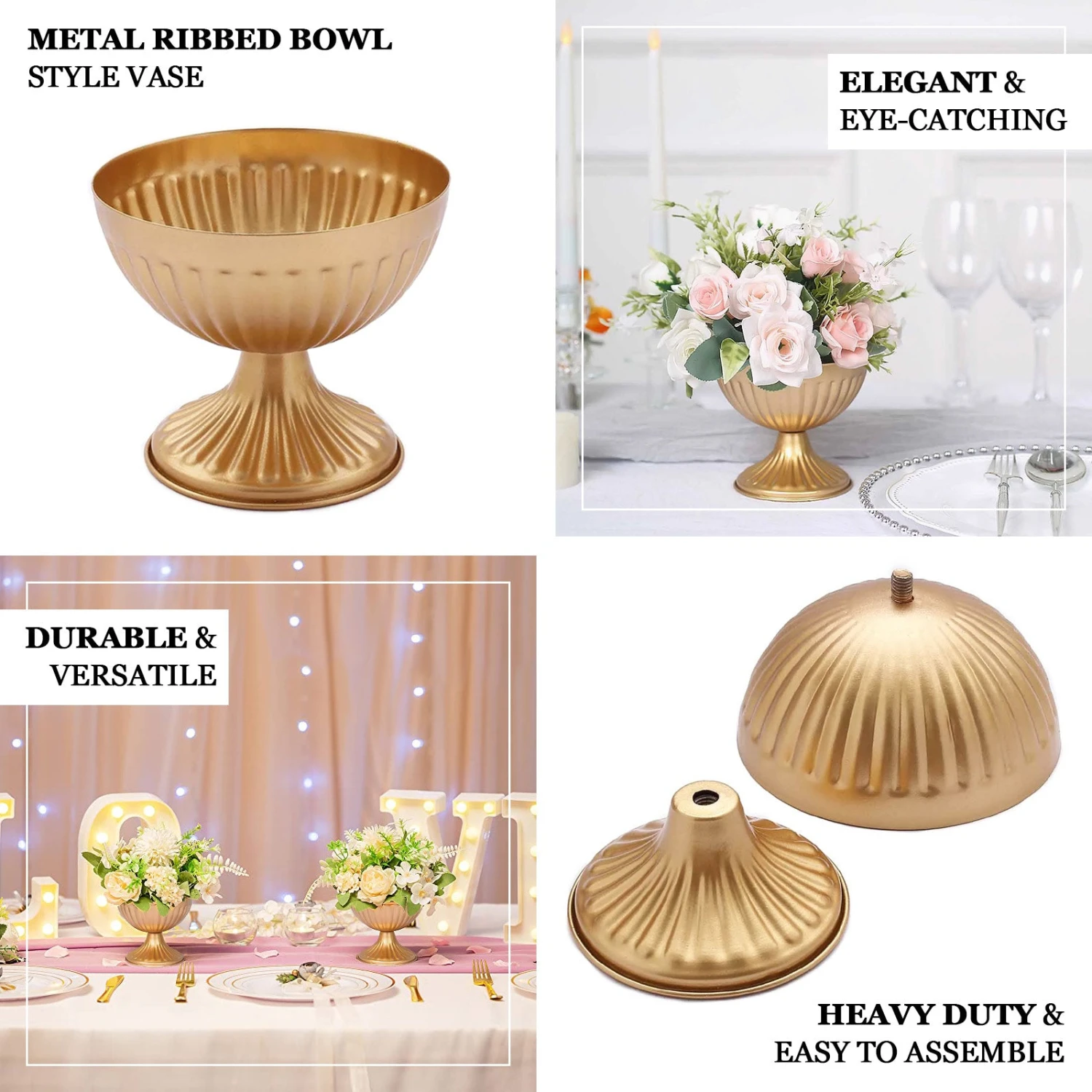 2 Pack Gold Metal Ribbed Bowl Style Flower Table Pedestal Vase, Antique Mini Compote Vase 4" 2 2 Pack Gold Metal Ribbed Bowl Style Flower Table Pedestal Vase, Antique Mini Compote Vase 4" - Image 2