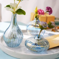 Set Of 3 | Glass Flower Bud Vases, Table Centerpiece Taper Candle Holders - Ribbed Design - Assorted Sizes -Home Decor Promotional Store VASE RND 001 SET BLUE D05.progressive 1019cbb3 9d91 4ac9 8e7b c9bfb49d8c25