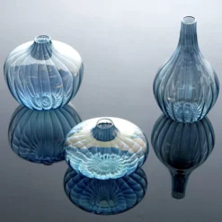 Set Of 3 | Glass Flower Bud Vases, Table Centerpiece Taper Candle Holders - Ribbed Design - Assorted Sizes -Home Decor Promotional Store VASE RND 001 SET BLUE D07.progressive 05ee718f 597a 49d6 8347 59902f893325