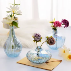 Set Of 3 | Glass Flower Bud Vases, Table Centerpiece Taper Candle Holders - Ribbed Design - Assorted Sizes -Home Decor Promotional Store VASE RND 001 SET BLUE 02.progressive bb34f12d 3942 42af af04 f3ea1faf55ca