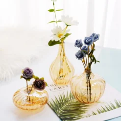 Set Of 3 | Glass Flower Bud Vases, Table Centerpiece Taper Candle Holders - Ribbed Design - Assorted Sizes -Home Decor Promotional Store VASE RND 001 SET GOLD D04.progressive 7642d8bd 171a 497c 87bc 80138a1efc98
