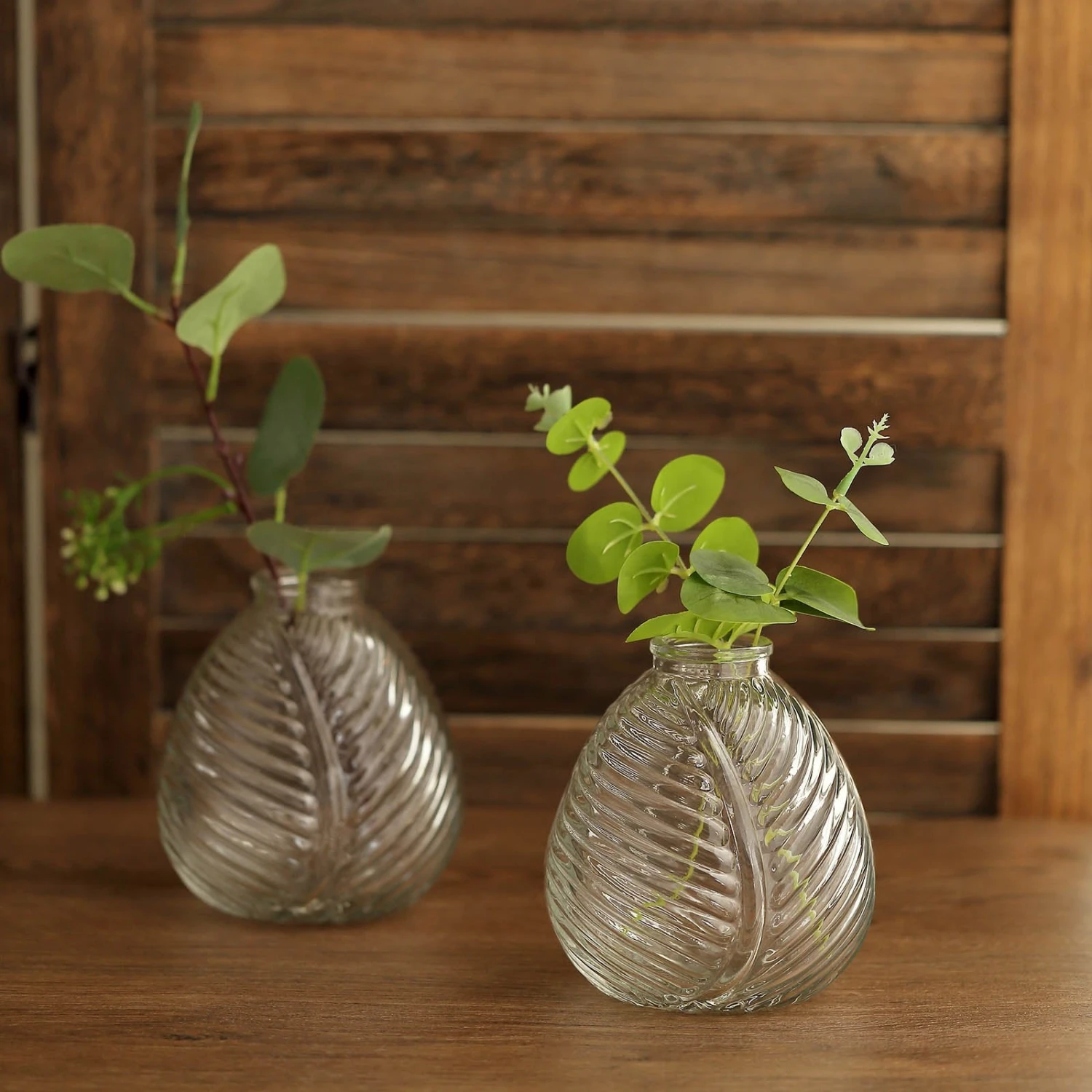 4 Pack Embossed Glass Bud Vases, Round Embossed Leaf Flower Vases 5" 12 4 Pack Embossed Glass Bud Vases, Round Embossed Leaf Flower Vases 5" - Image 12
