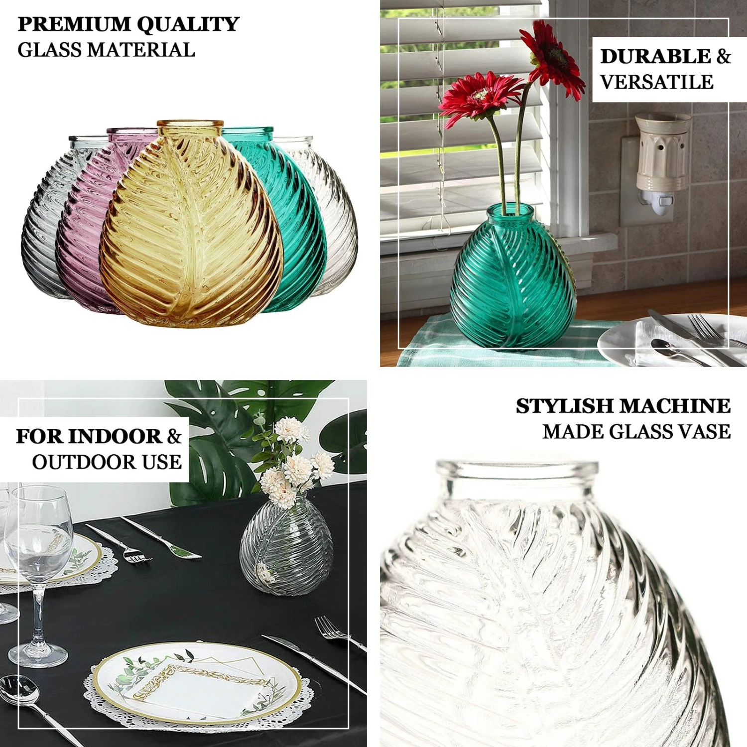 4 Pack Embossed Glass Bud Vases, Round Embossed Leaf Flower Vases 5" 2 4 Pack Embossed Glass Bud Vases, Round Embossed Leaf Flower Vases 5" - Image 2