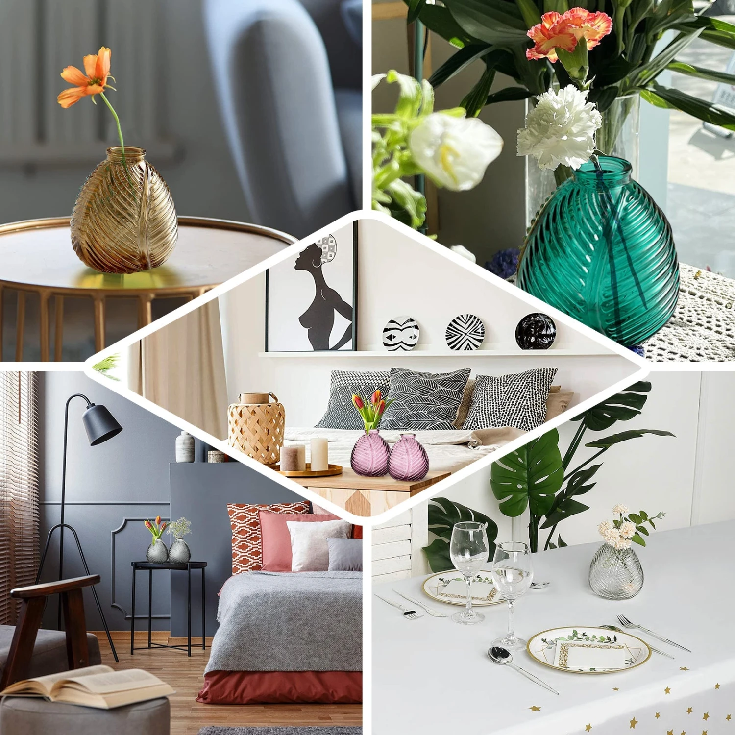 4 Pack Embossed Glass Bud Vases, Round Embossed Leaf Flower Vases 5" 3 4 Pack Embossed Glass Bud Vases, Round Embossed Leaf Flower Vases 5" - Image 3